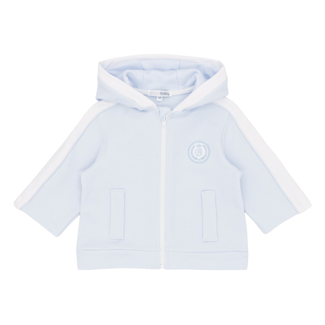 Light blue baby jacket with white hood on a white background