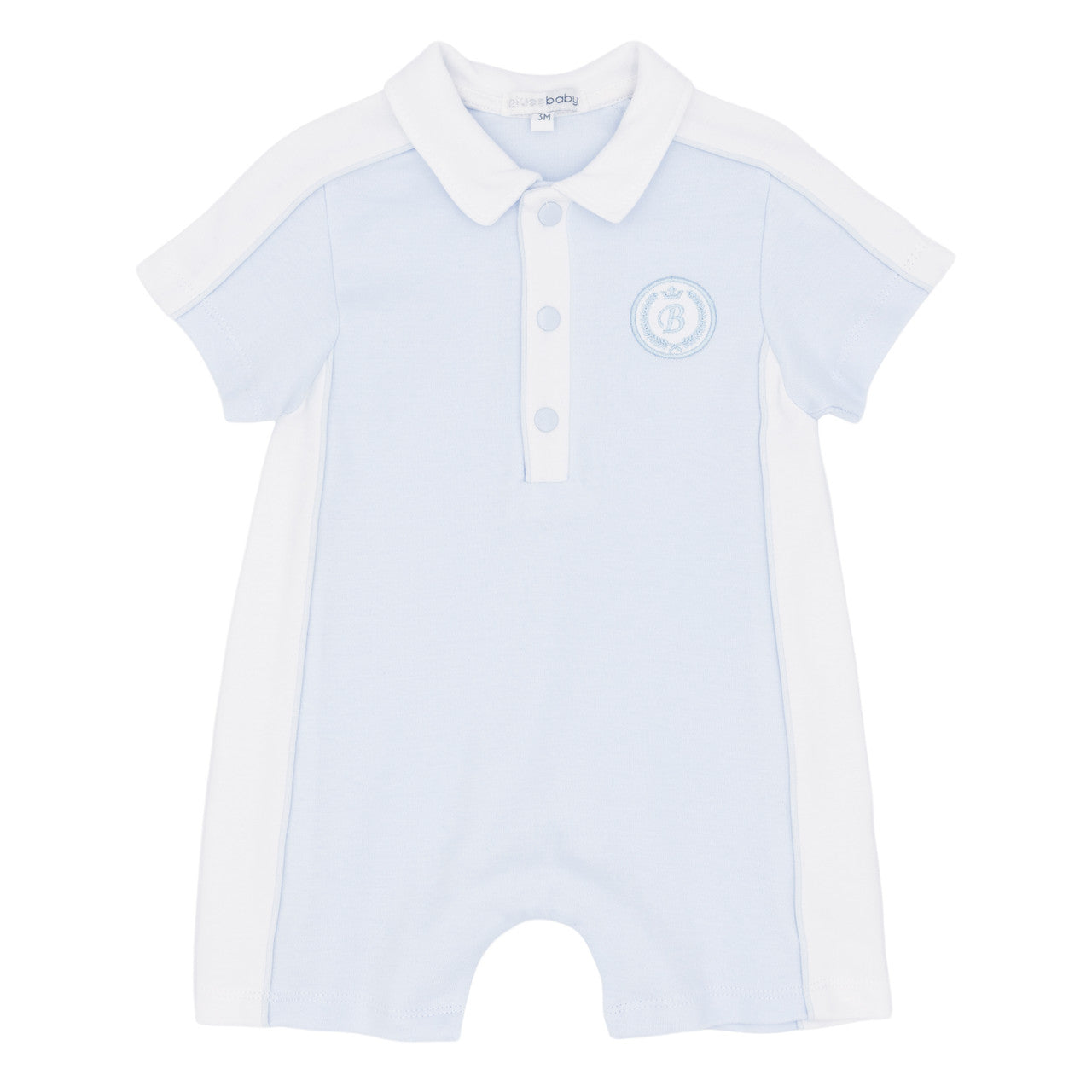 Blues Baby Light blue baby romper with white collar and cuffs on a white background