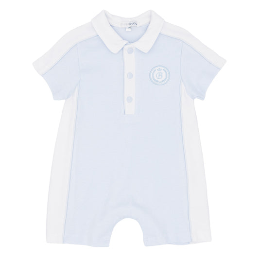 Blues Baby Light blue baby romper with white collar and cuffs on a white background