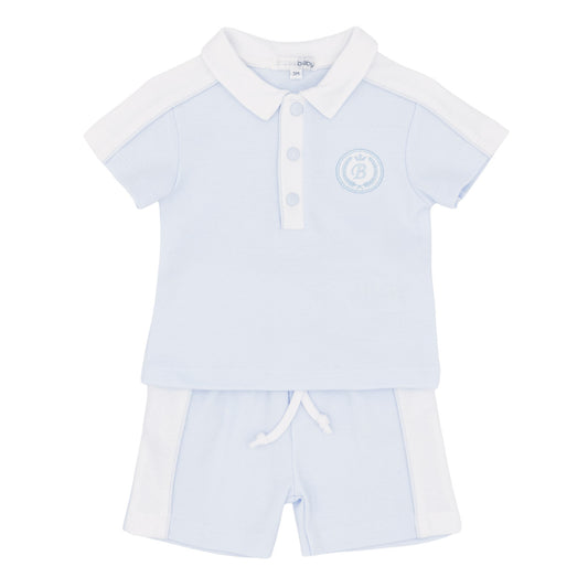 Light blue baby romper with white collar and buttons on a white background
