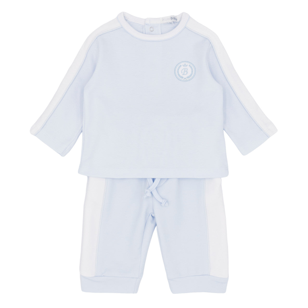 Blues Baby Light blue baby outfit with long-sleeve top and pants on a white background