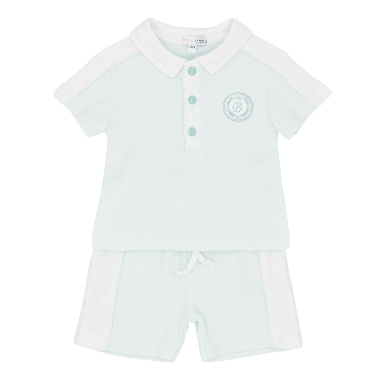 mint green baby romper with collar and buttons on a white background