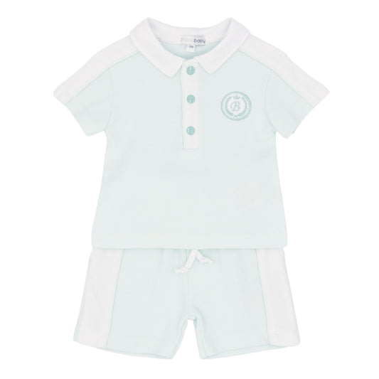 mint green baby romper with collar and buttons on a white background