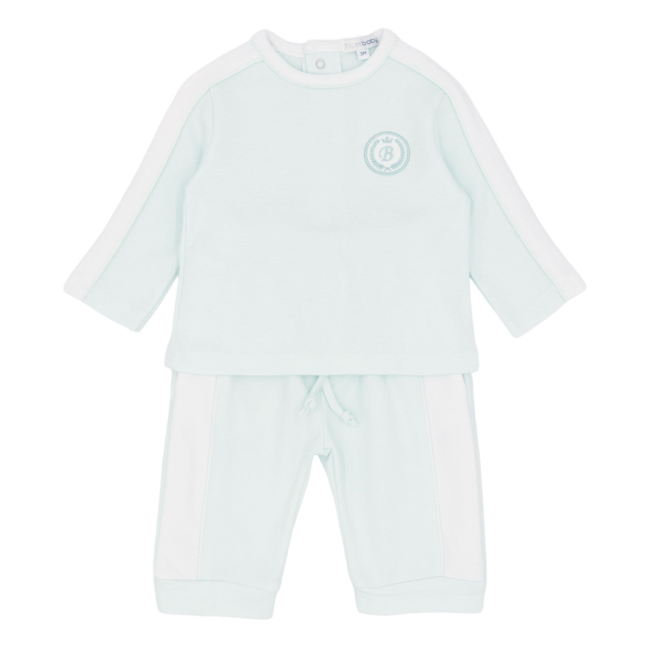 Mint green baby outfit with long-sleeve top and pants on a white background
