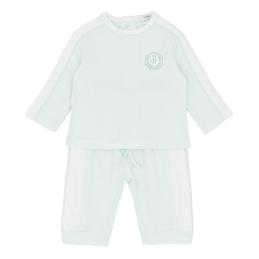 Mint green baby outfit with long-sleeve top and pants on a white background