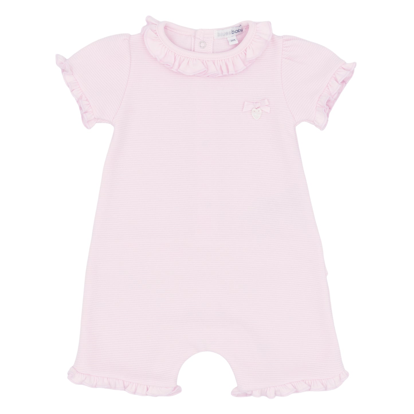 Pink baby romper with ruffled details on a white background