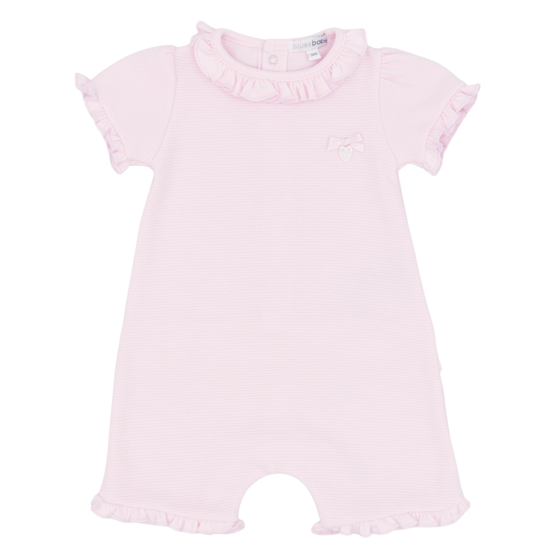 Pink baby romper with ruffled details on a white background