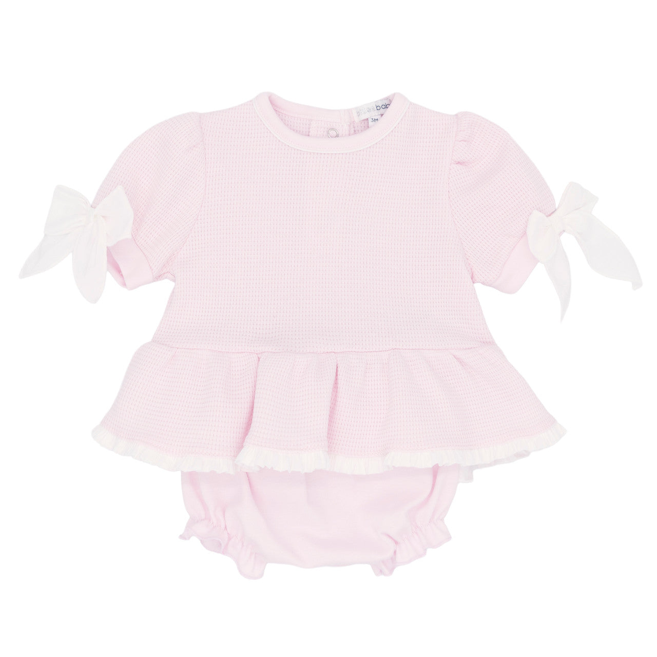 Pink baby romper with ruffled sleeves on a white background