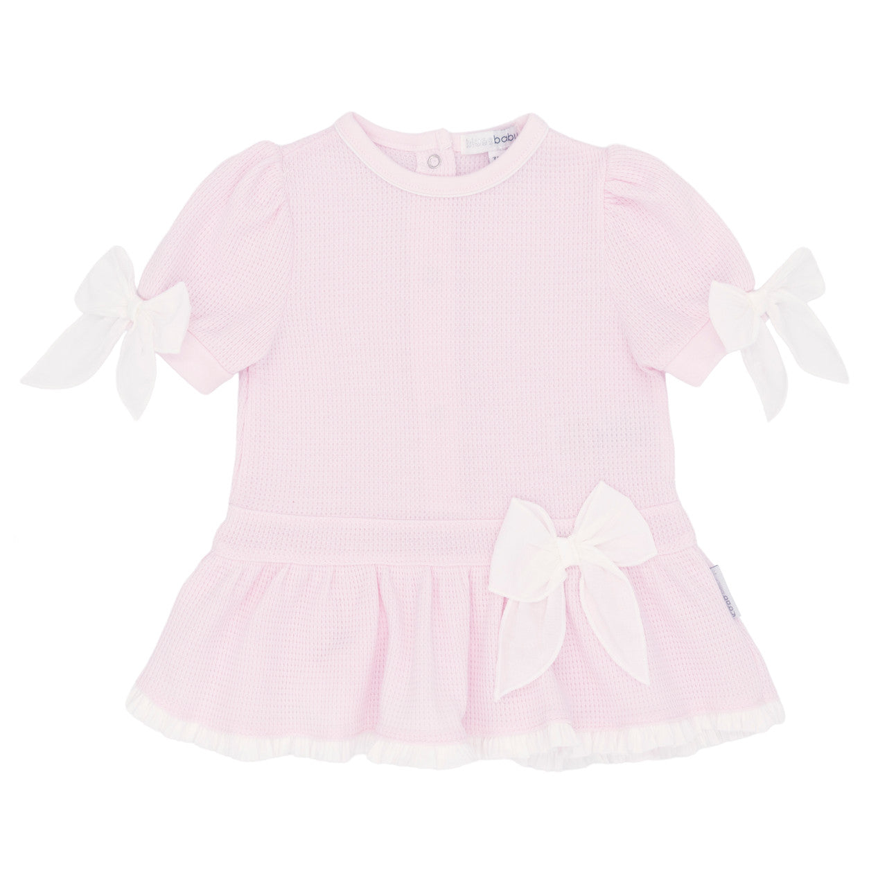 Pink baby girl dress with bow sleeves and ruffled skirt hem