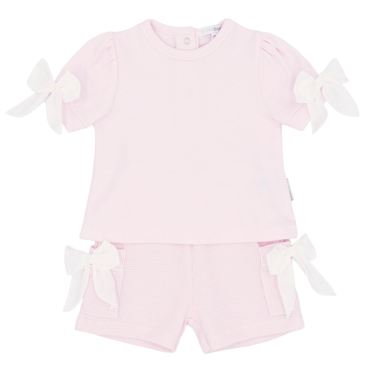 Pink baby girls T-shirt and shorts set with bow-tie sleeves, crew neck