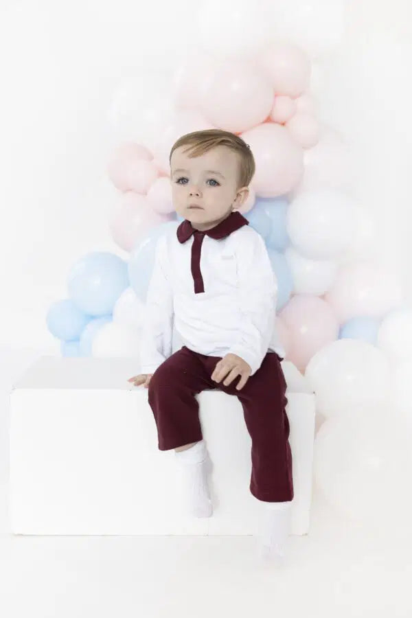 A baby boy wearing a white long-sleeve shirt, burgundy bow tie, and burgundy pants, sitting on a white block in front of a balloon garland of pink, white, and light blue balloons.