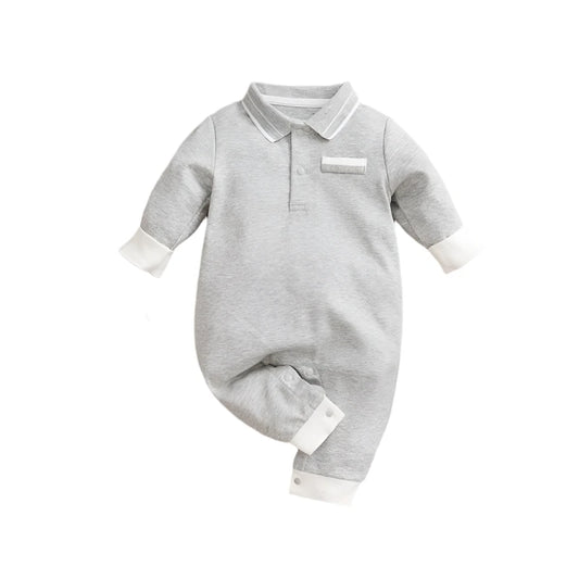 Baby Boys Grey Polo Long Sleeve Romper