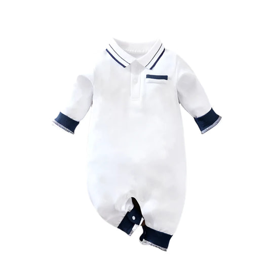 Baby Boys White Polo Long Sleeve Romper