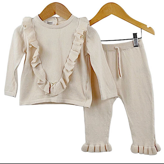 Baby Chevron Ruffle Frill Set Beige