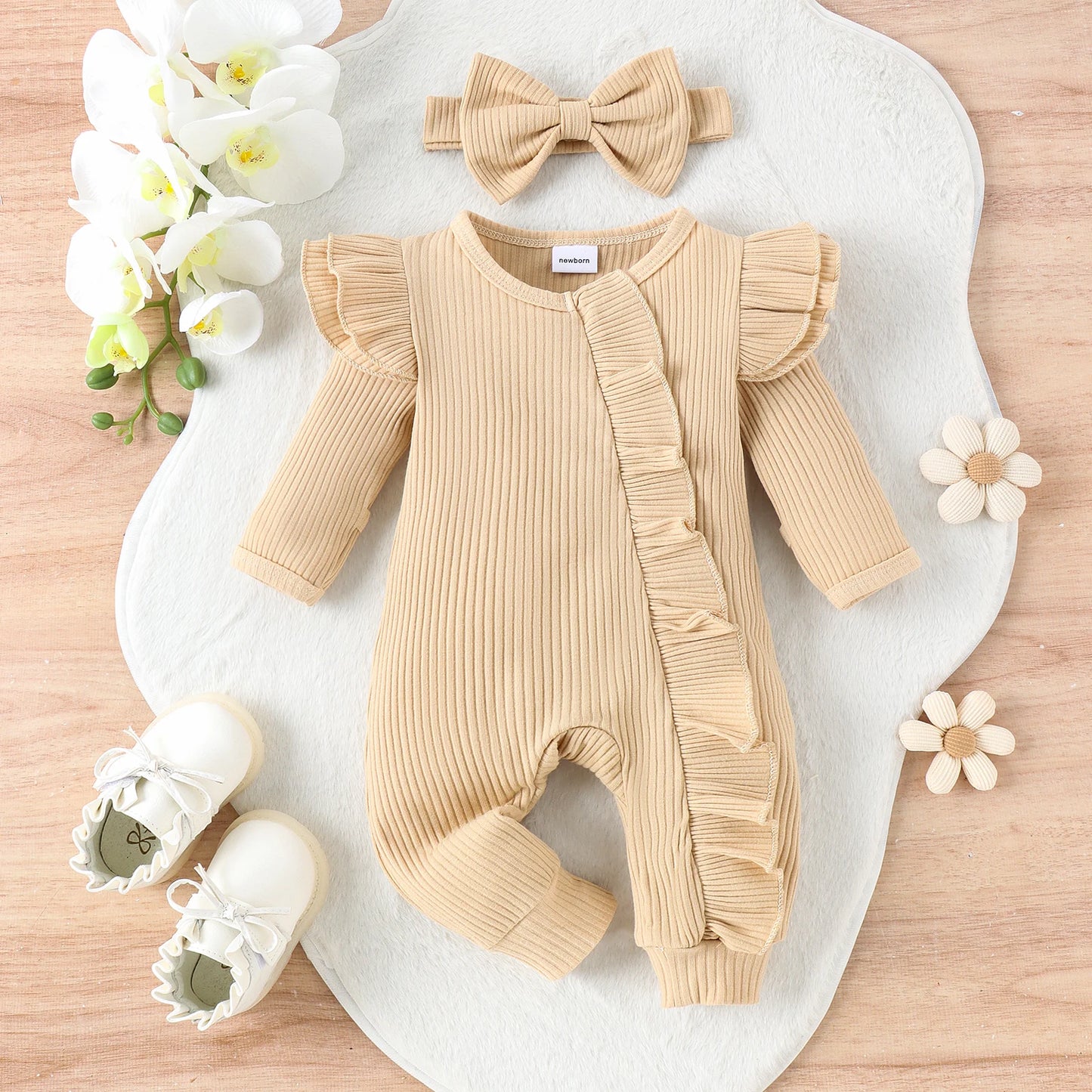 Baby Girls Beige Sleepsuit and matching Hairband