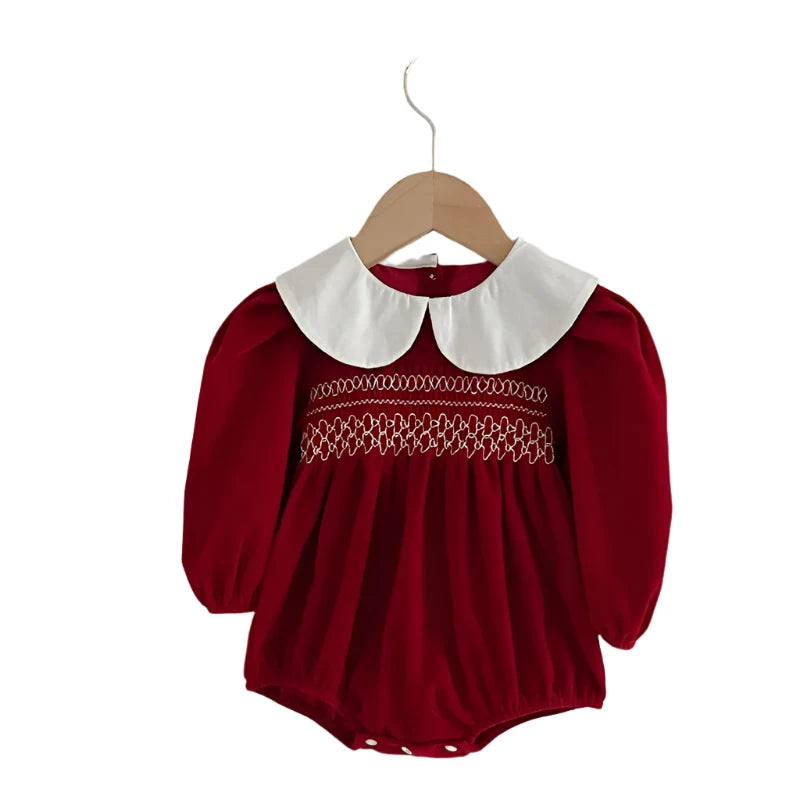 Baby Girls Red Christmas Embroidered Romper