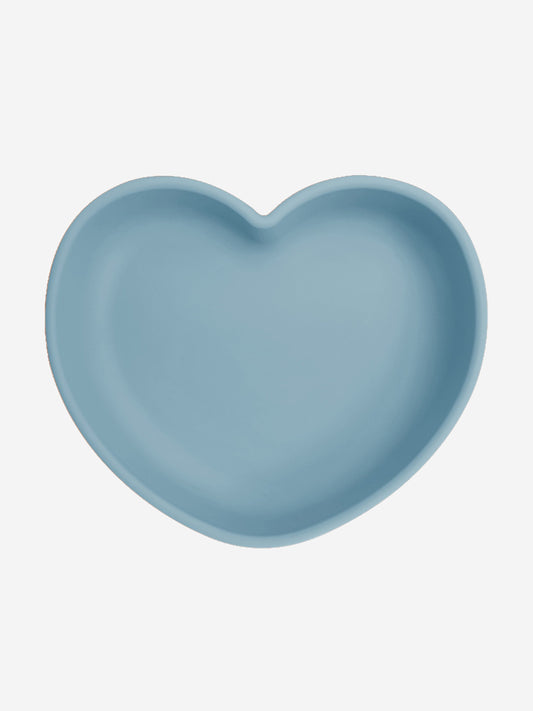 Blue heart-shaped silicone suction plate with raised rim, one size