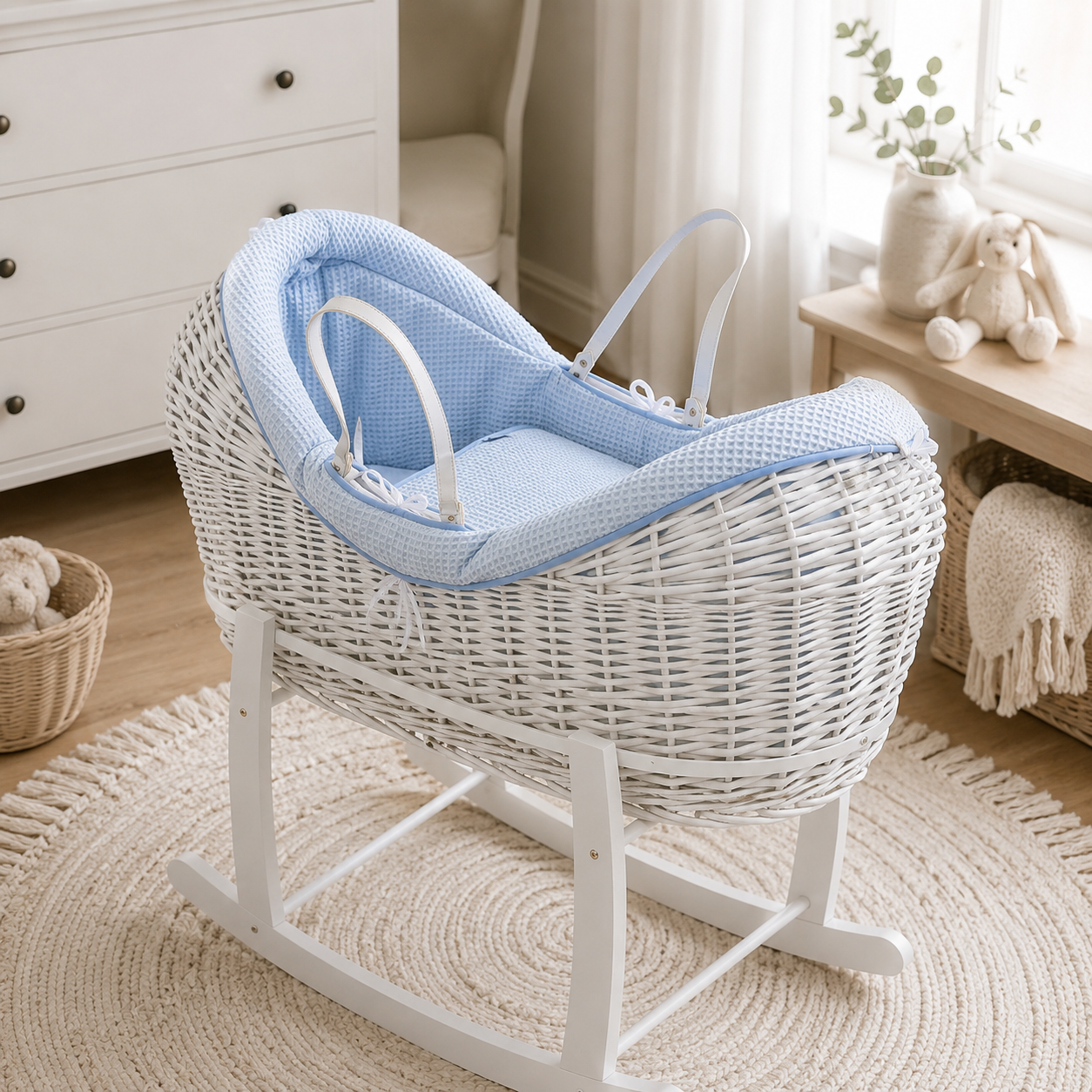 Wicker baby Moses basket on rocking stand with blue waffle pod bedding