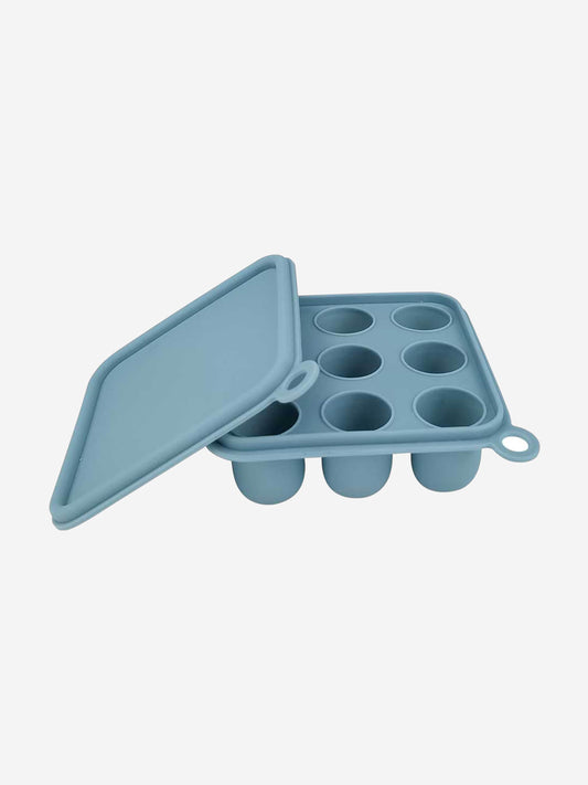 Blue silicone freezer cube tray with cover, six round moulds