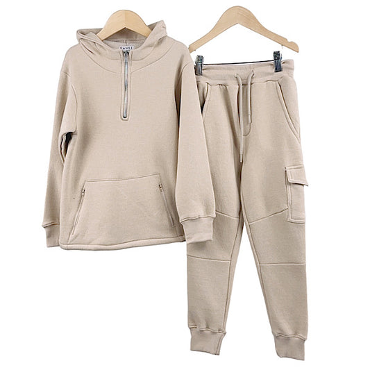 Boys Beige Combat Half zip Hoodie Lounge Set