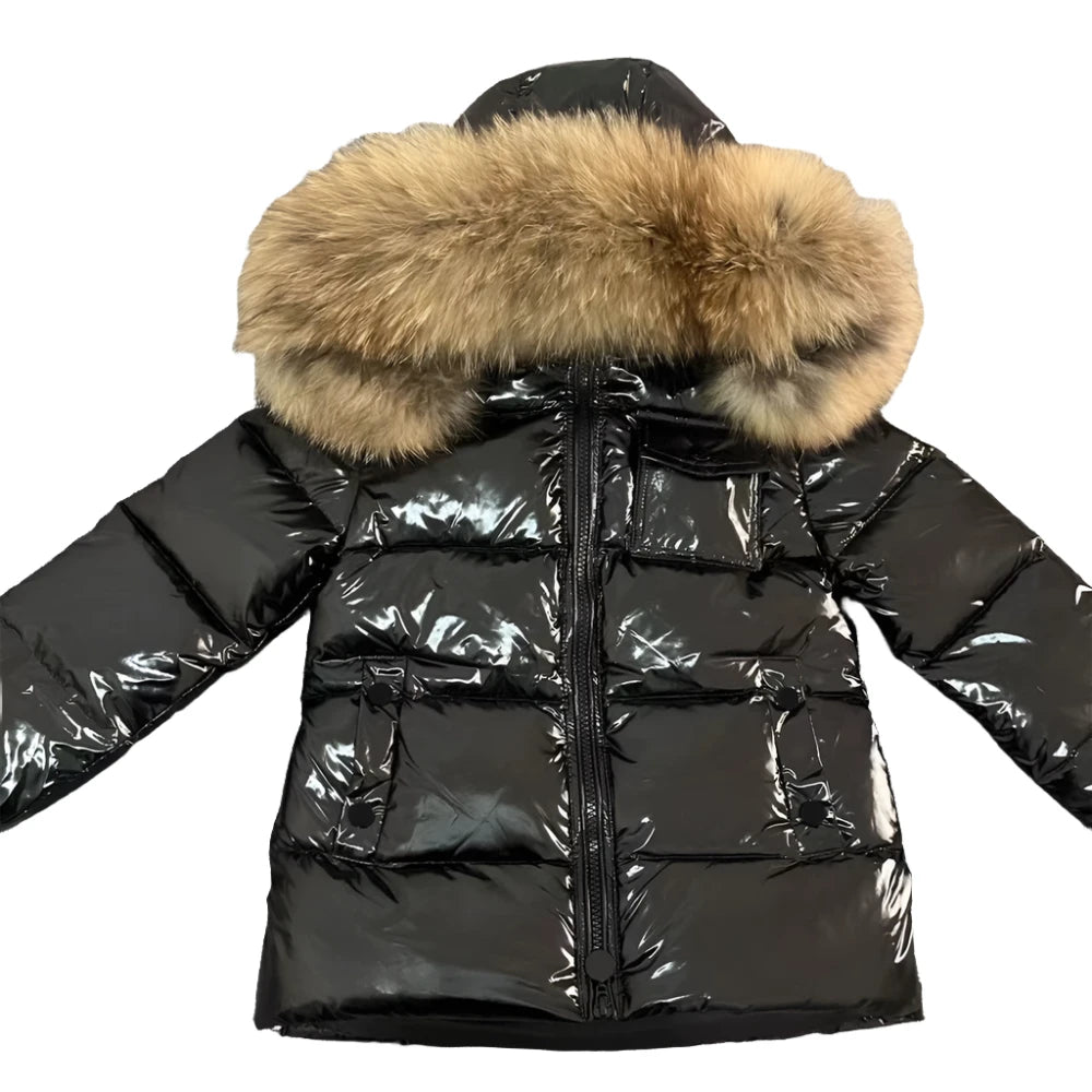 Boys Winter Black Gloss Natural Fur Hooded Parker Coat