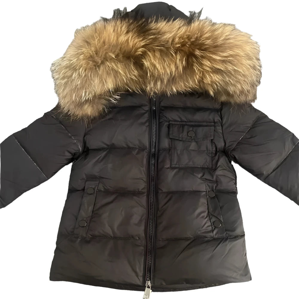 Boys Winter Black Matt Natural Fur Hooded Parker Coat