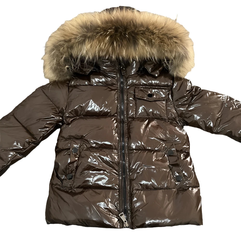 Boys Winter Brown Gloss Natural Fur Hooded Parker Coat