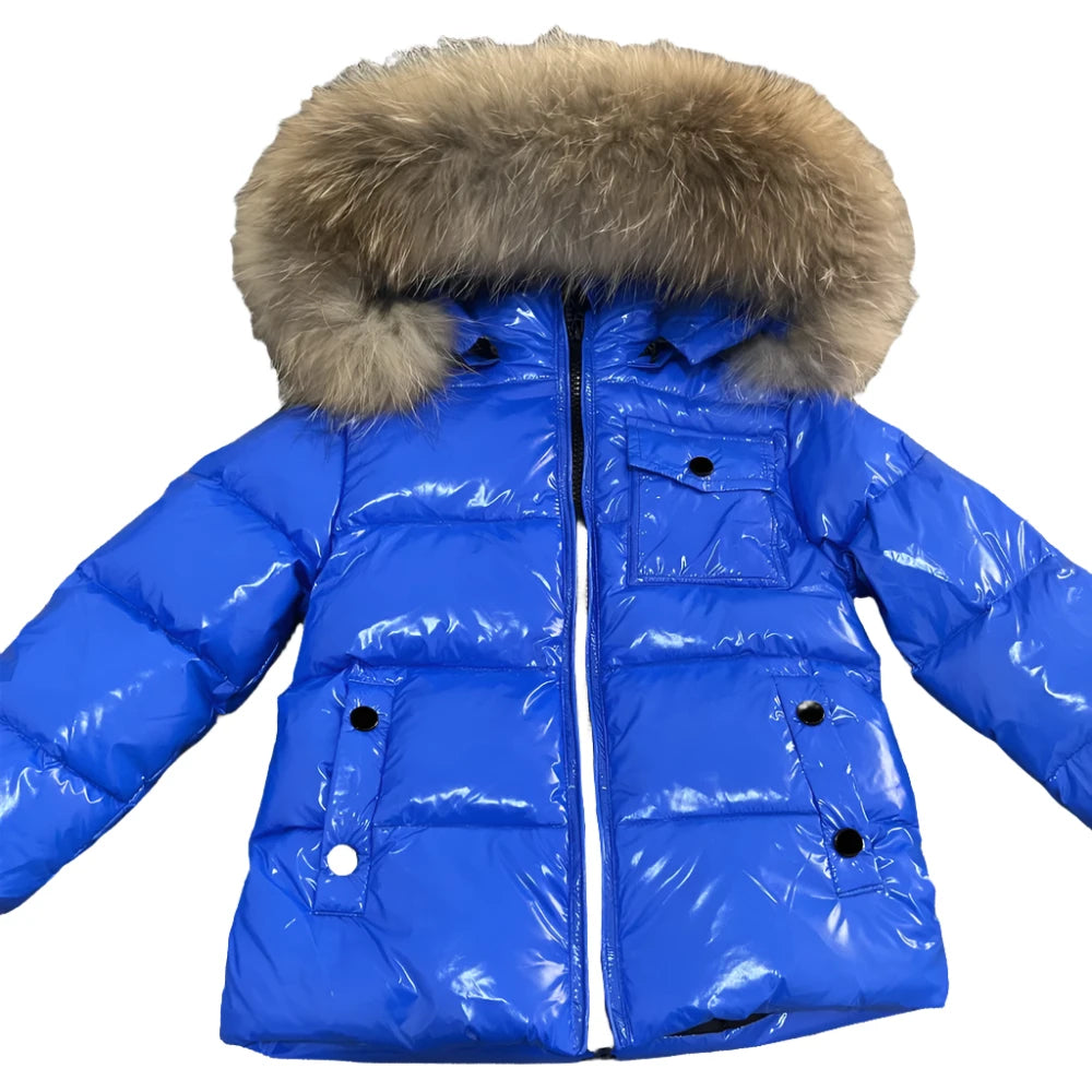 Boys Winter Colbolt Blue Natural Fur Hooded Parker Coat