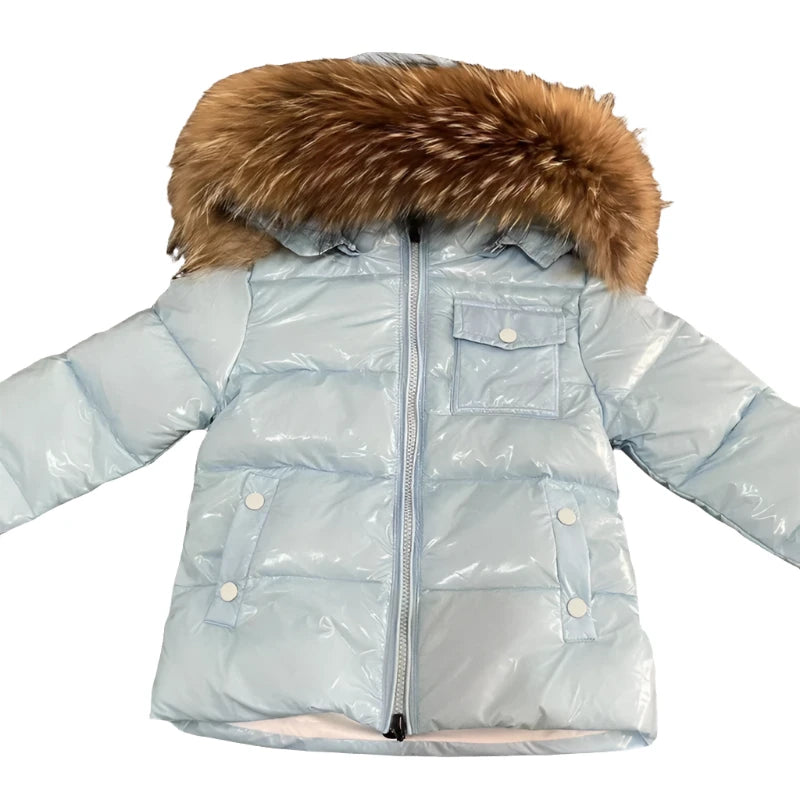 Boys Winter Light Blue Natural Fur Hooded Parker Coat