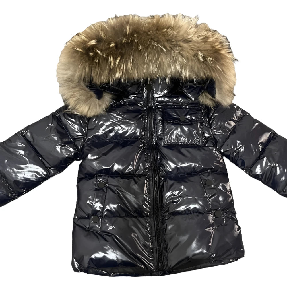 Boys Winter Navy Gloss Natural Fur Hooded Parker Coat