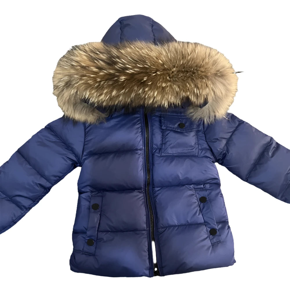 Boys Winter Navy Matt Natural Fur Hooded Parker Coat