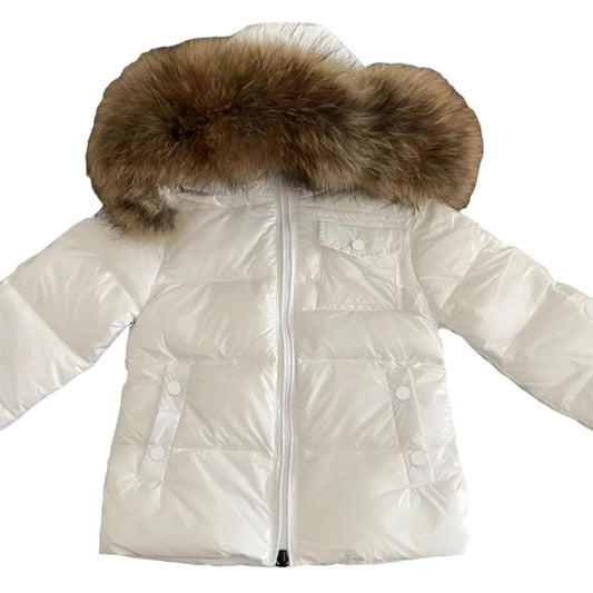 Boys Winter Off white Natural Fur Hooded Parker Coat