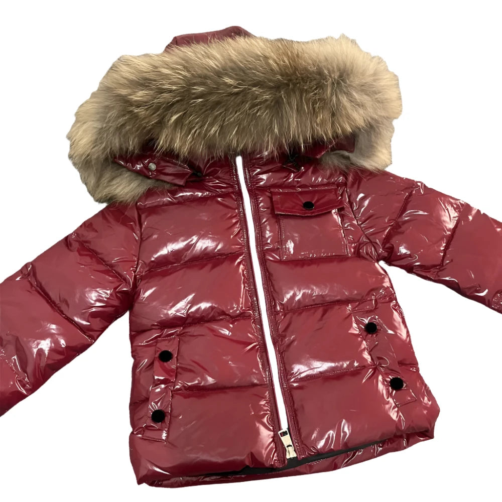 Boys Winter Red Wine Natural Fur Hooded Parker Coat