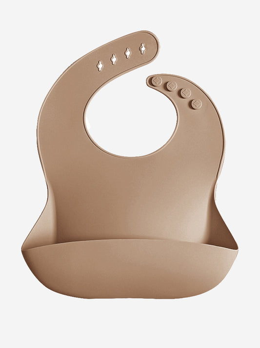 Brown silicone baby bib with snap buttons and front pocket