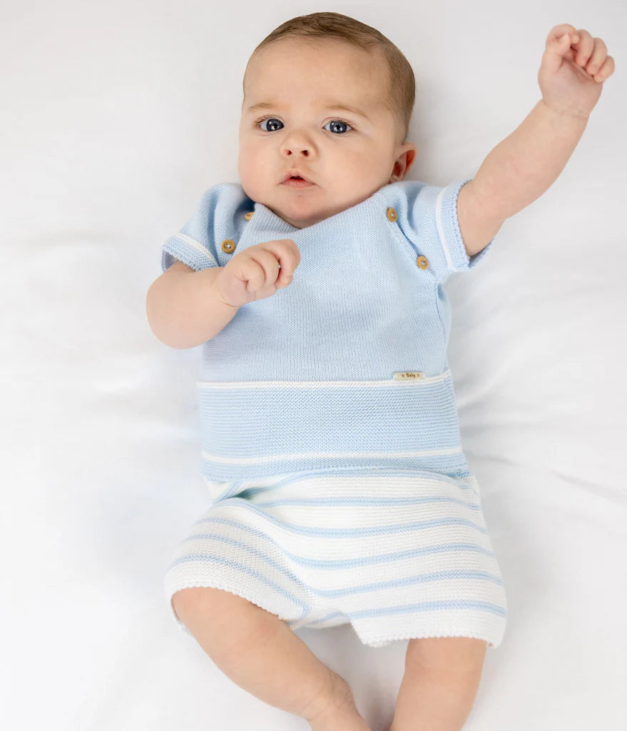Casper knit shorts suit: light blue top with wooden-style button details and striped shorts