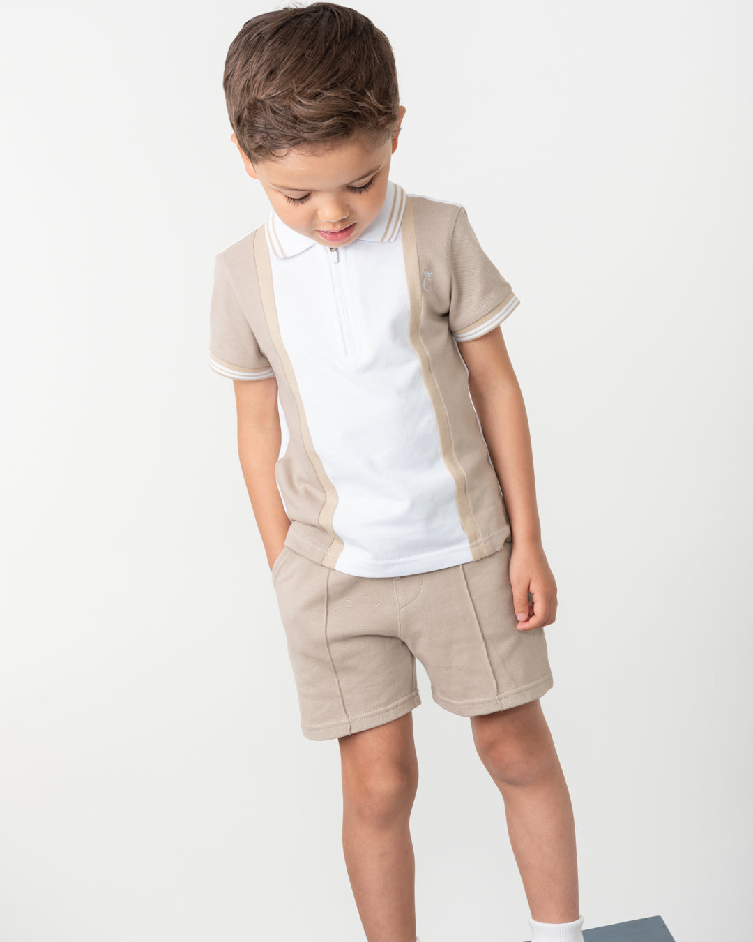 Caramelo Kids Boys Mink Contrast Zip Polo Shorts Set