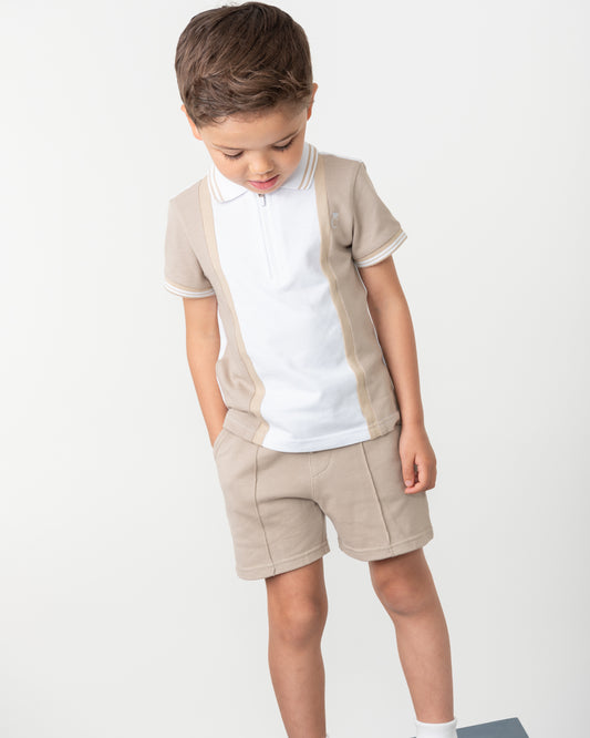 Caramelo Kids Boys Mink Contrast Zip Polo Shorts Set