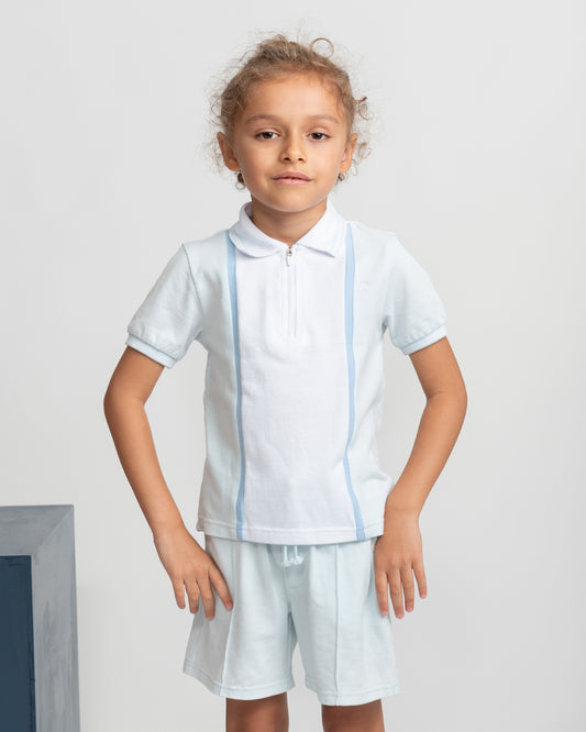 Caramelo Kids Boys Sky Contrast Zip Polo Shorts Set
