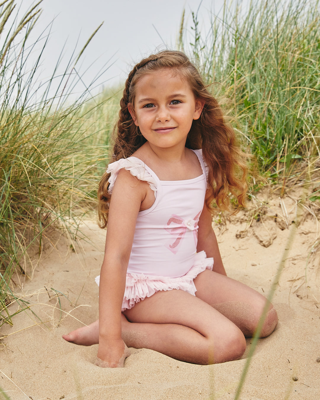 Caramelo Kids Girls Pink Tulle Frill Glitter Bow Swimsuit