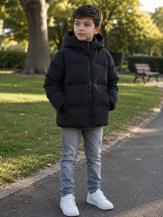 Boys Hooded Puffer Jacket – Black | Winter Coat | Ages 3–10
