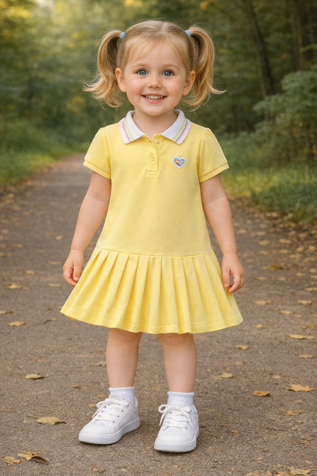 Young girl in a yellow dress standing on a path with trees in the background