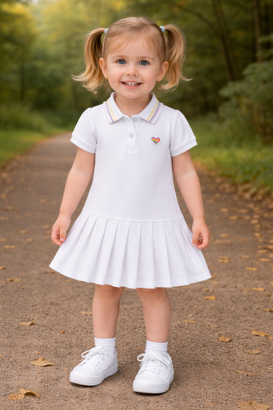 Young girl in a white dress with a heart emblem standing on a path with greenery in the background