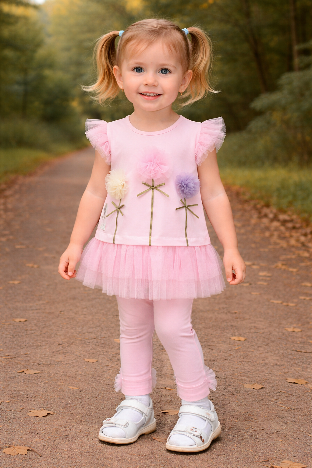 Toddler girl pink tulle outfit with floral detail top, frill sleeves and matching leggings