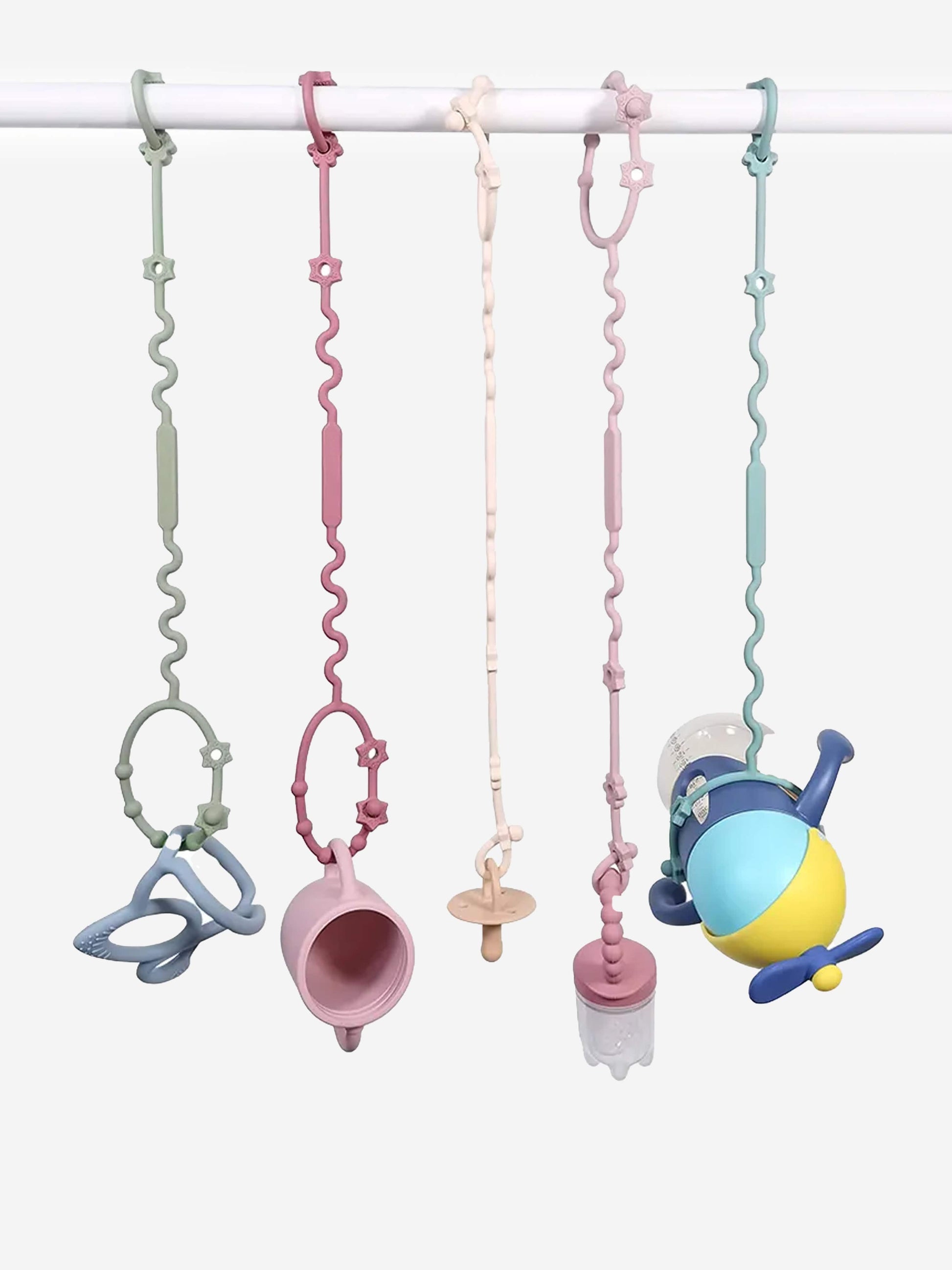 Blue pacifier clip with ring and teether-style attachment, adjustable link chain.
