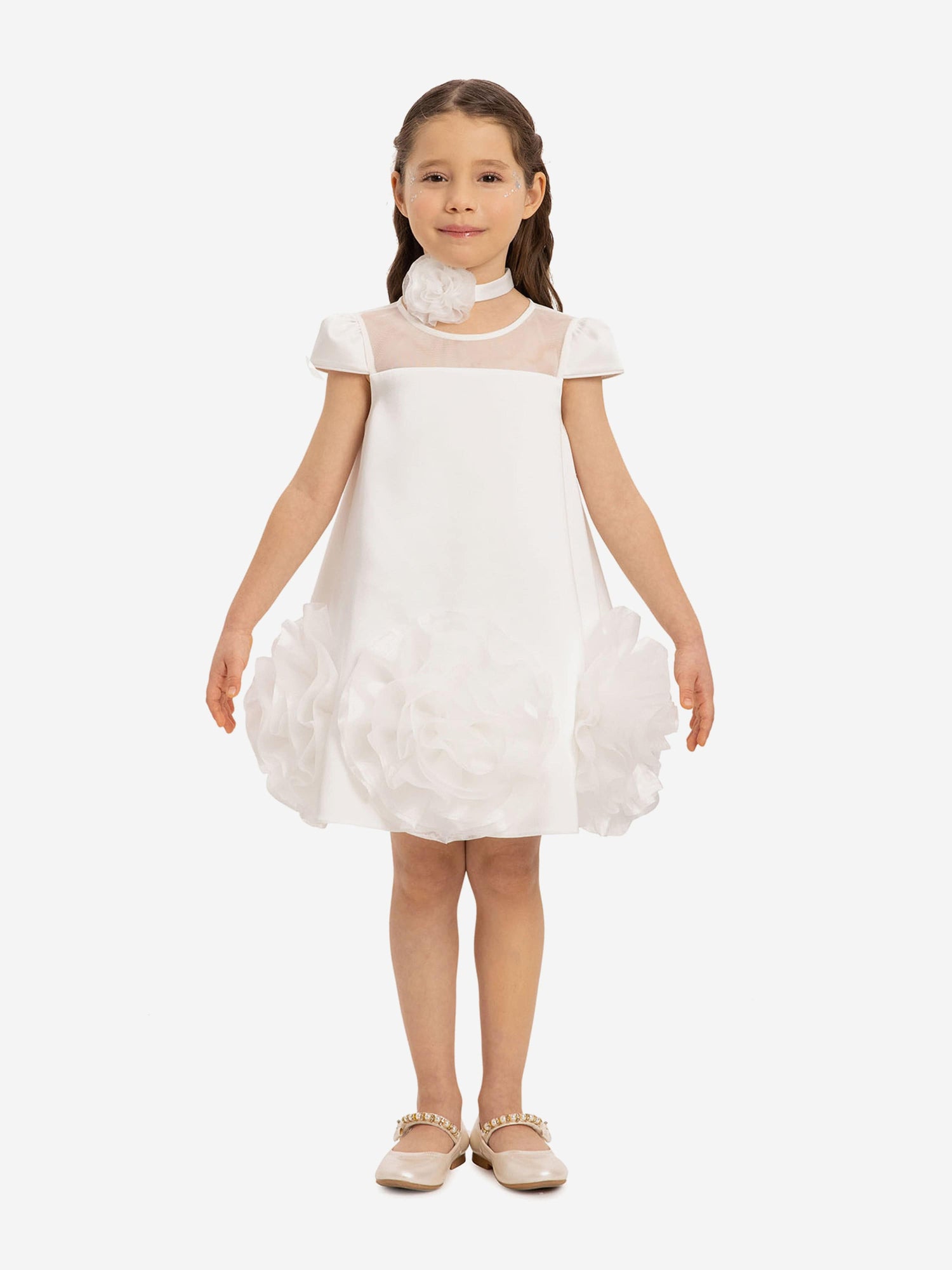 Girls white dress with ruffled skirt and flower choker detail, short sleeves