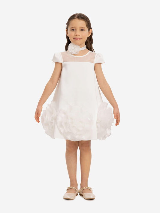 Girls white dress with ruffled skirt and flower choker detail, short sleeves