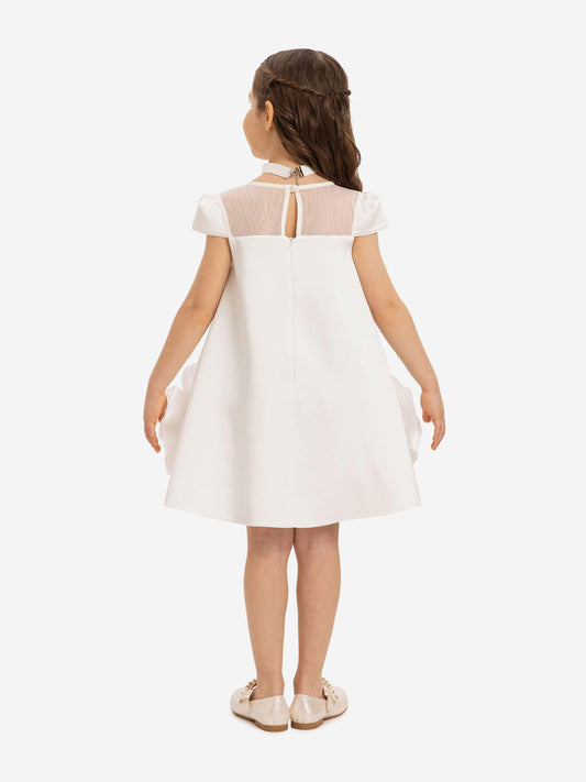 Back view: white girls dress with mesh yoke and vertical keyhole opening