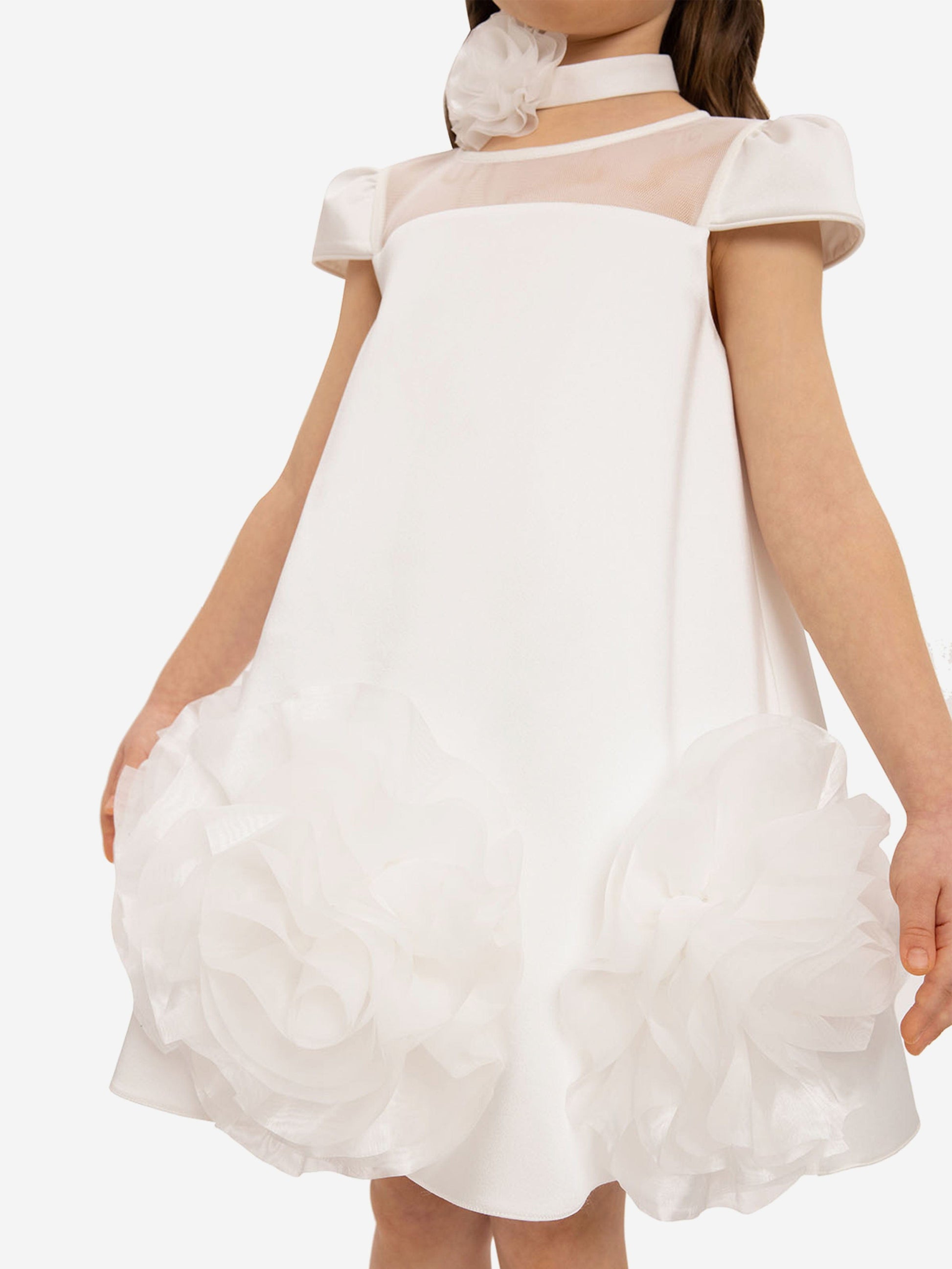 White girls dress with layered tulle ruffle hem and puff sleeves