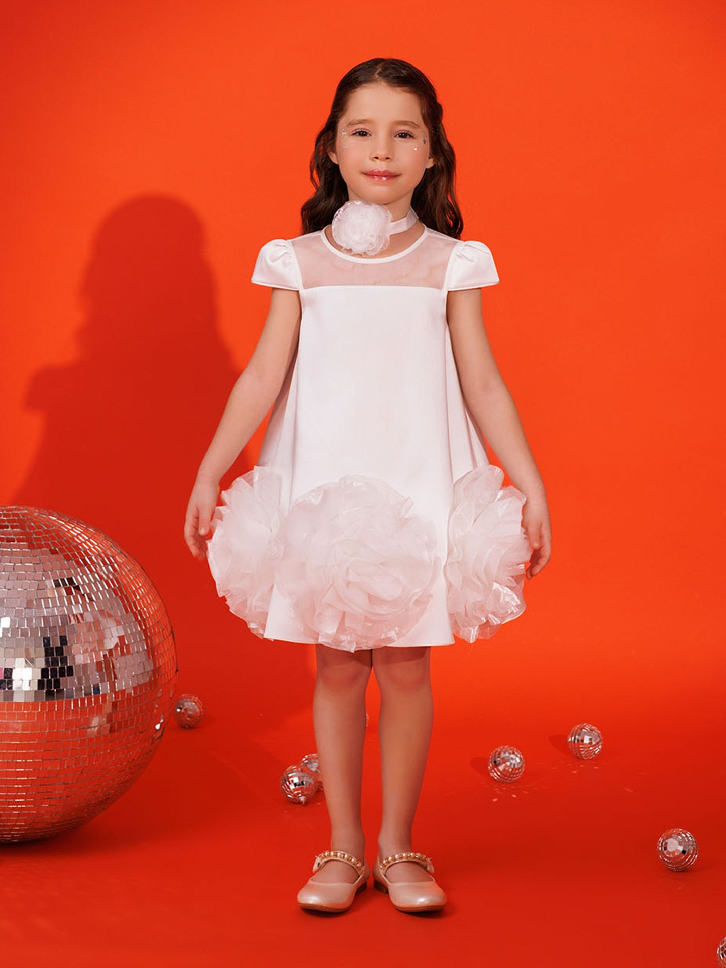 White girls dress with flower choker and layered tulle ruffle hem, short sleeves