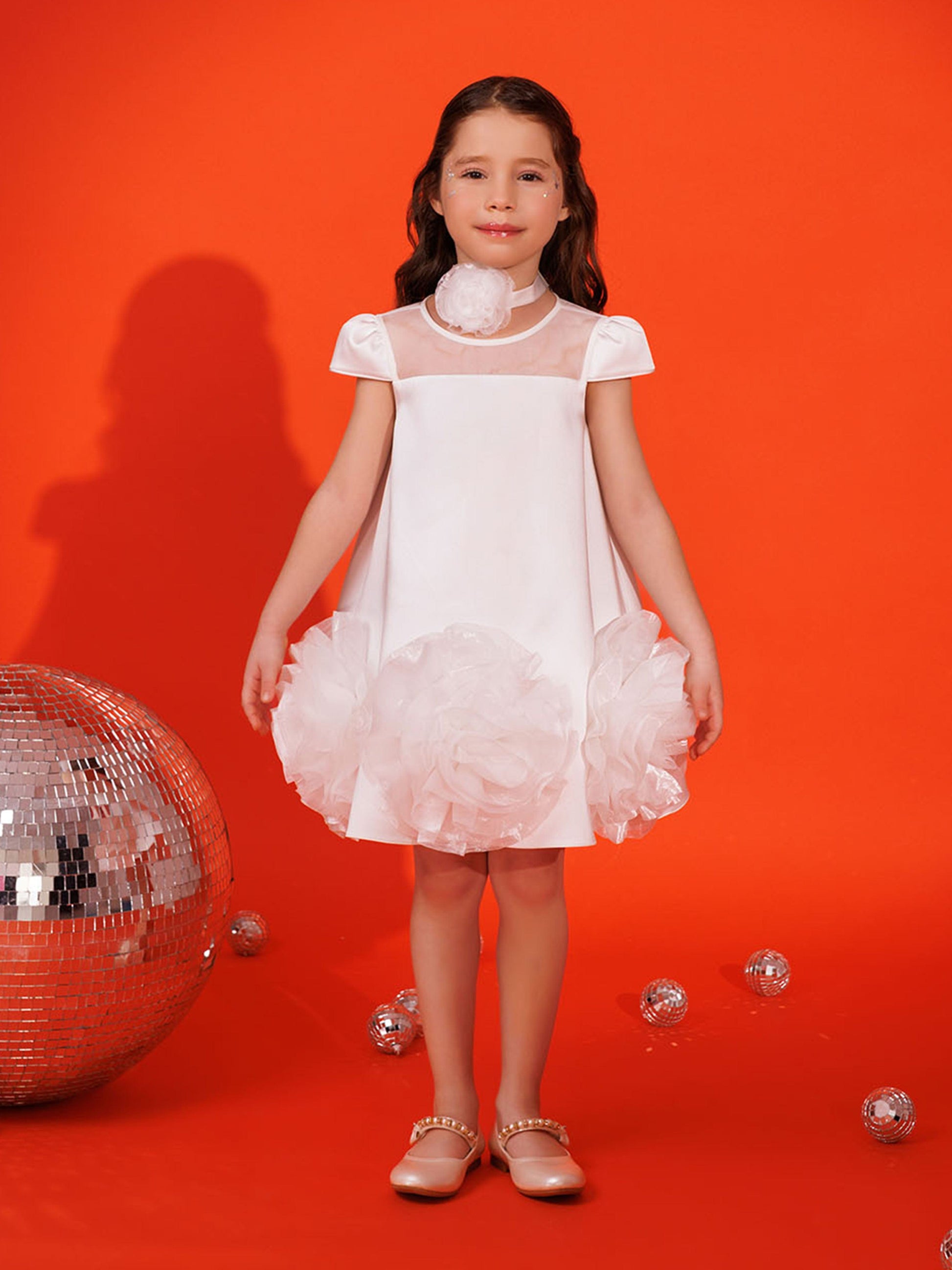 White girls dress with flower choker and layered tulle ruffle hem, short sleeves
